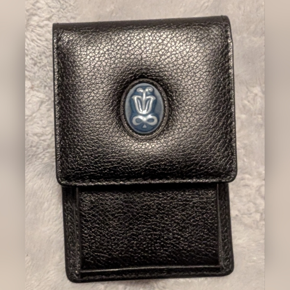 Lladro Black Faux Leather Key & Card Holder with Blue Porcelain Floral Accent